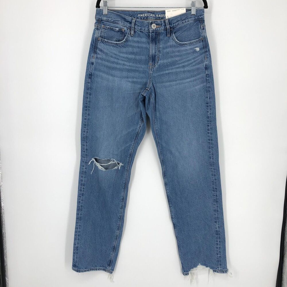 American Eagle Jeans Womens 8 Long Blue 90s‎ Straight High Rise Distressed NWT